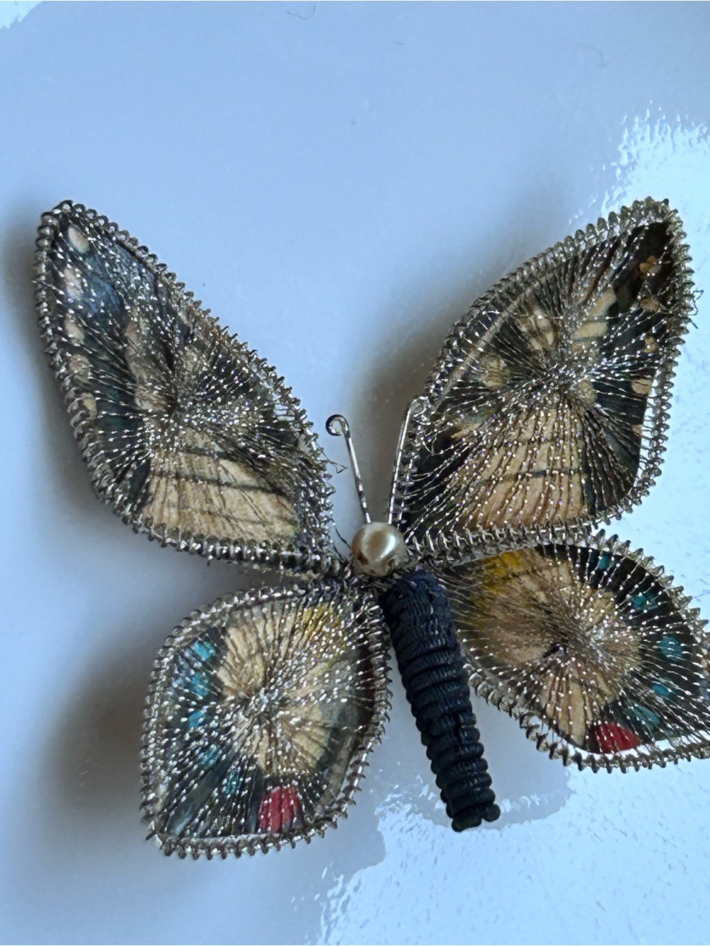 Vintage Beaded Butterfly Brooch in Metallic and Neutral Tones faux pearl